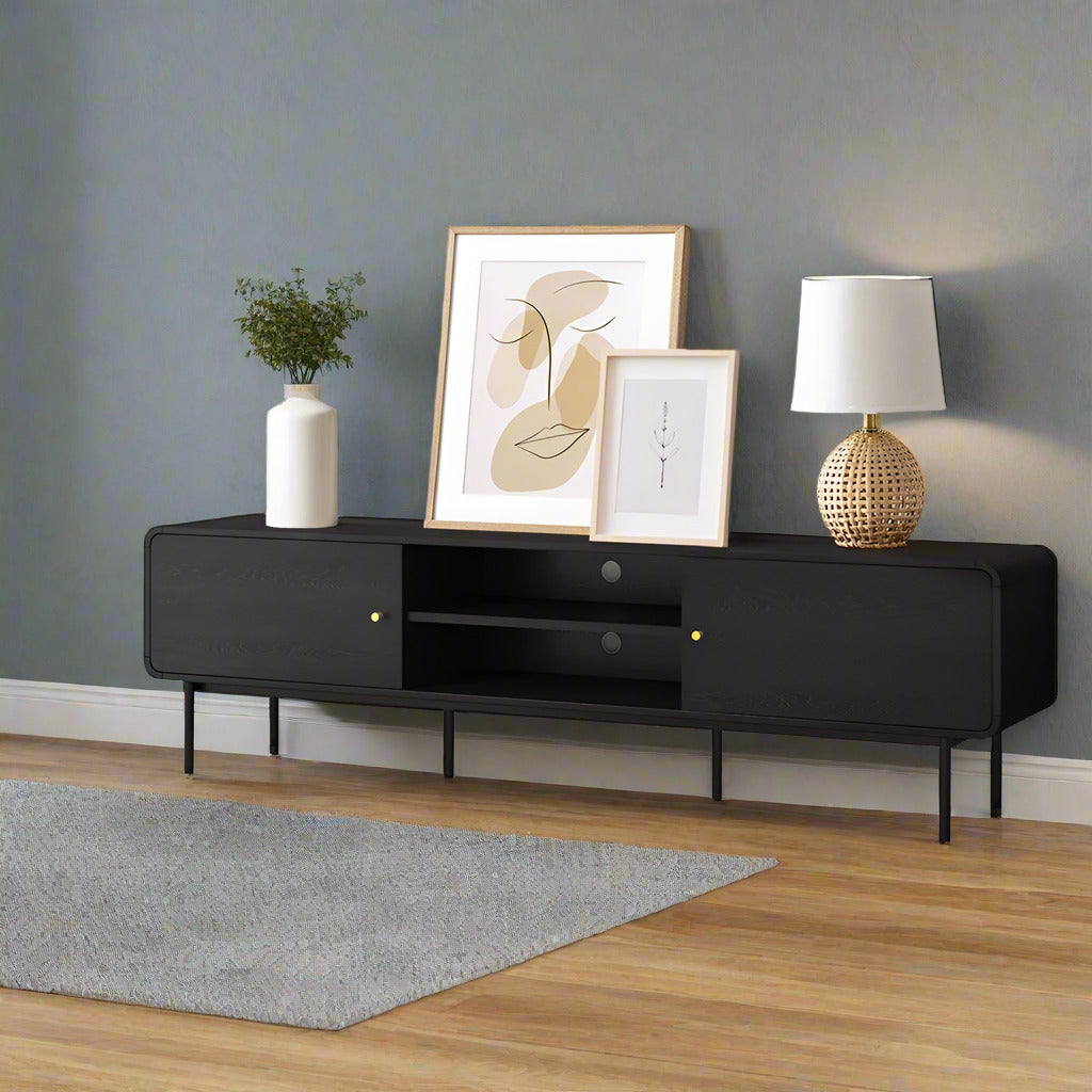 Amolfo Linear 180cm Woodgrain TV Unit | Two Door Modern Retro Look Entertainment Unit