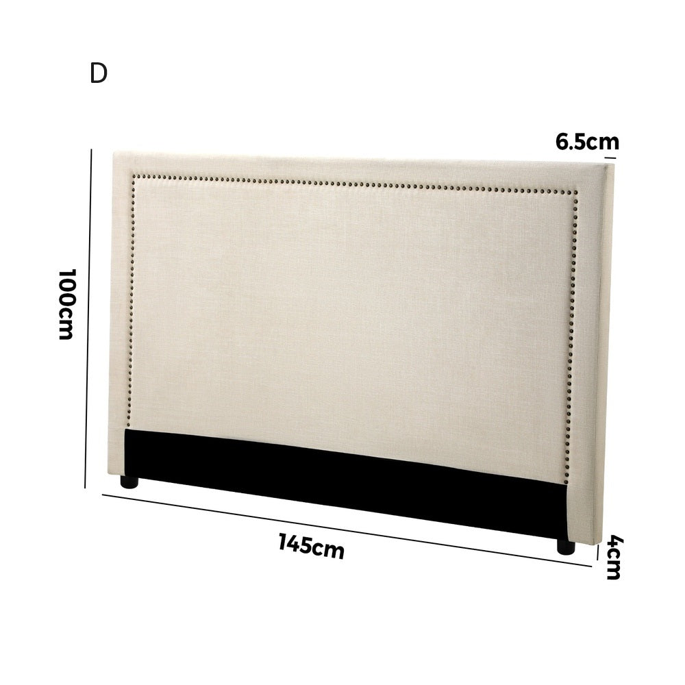 Scandi Luxore Linen Fabric Stud Trim Headboard | Padded Modern Beige Upholstered Bed Head