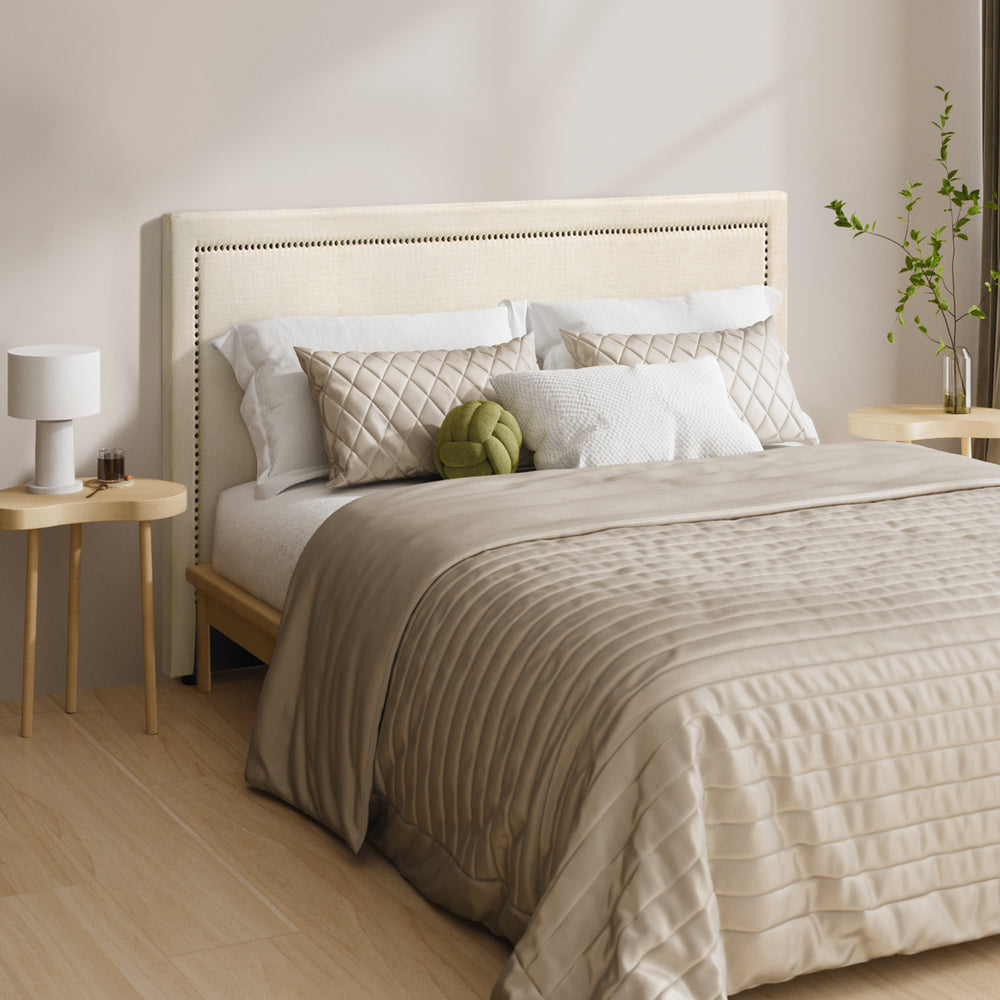 Scandi Luxore Linen Fabric Stud Trim Headboard | Padded Modern Beige Upholstered Bed Head