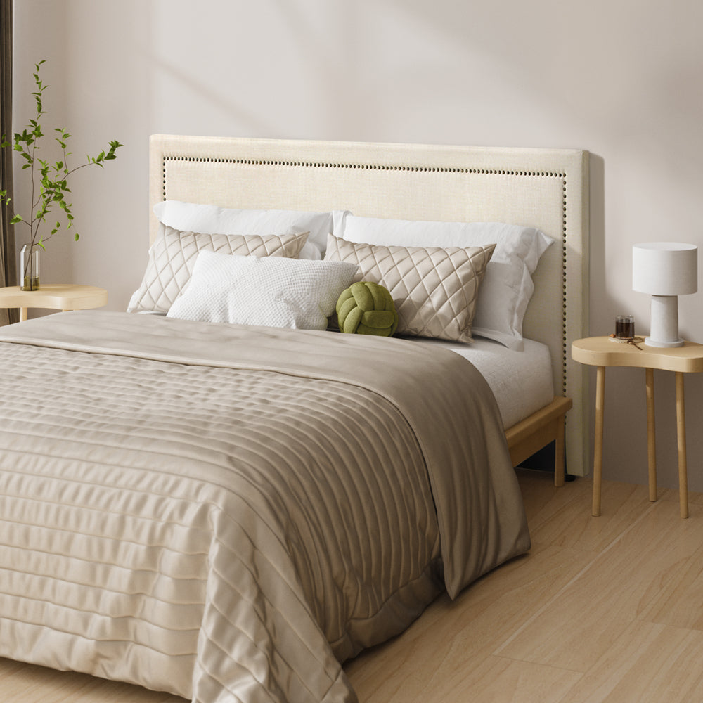Scandi Luxore Linen Fabric Stud Trim Headboard | Padded Modern Beige Upholstered Bed Head