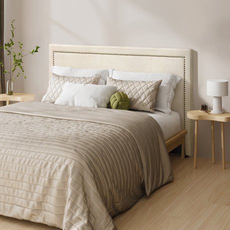 Scandi Luxore Linen Fabric Stud Trim Headboard | Padded Modern Beige Upholstered Bed Head