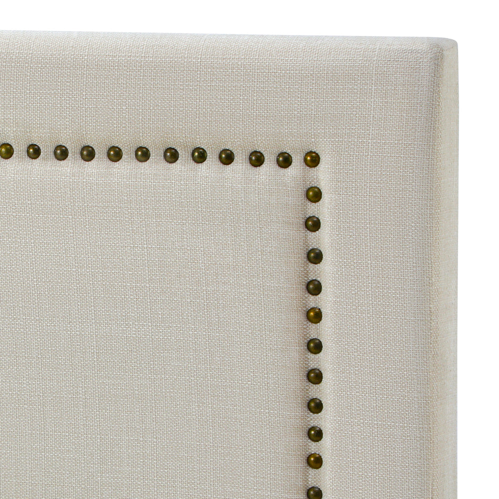Scandi Luxore Linen Fabric Stud Trim Headboard | Padded Modern Beige Upholstered Bed Head
