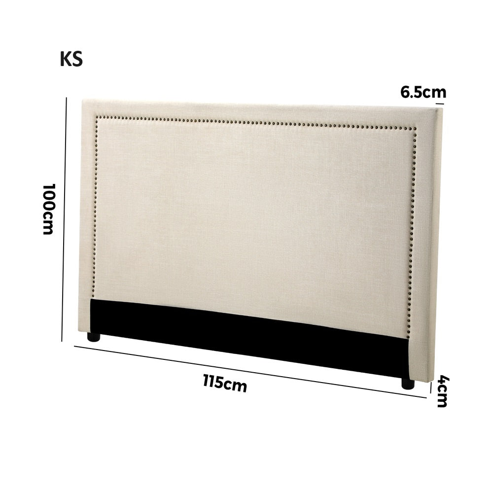 Scandi Luxore Linen Fabric Stud Trim Headboard | Padded Modern Beige Upholstered Bed Head