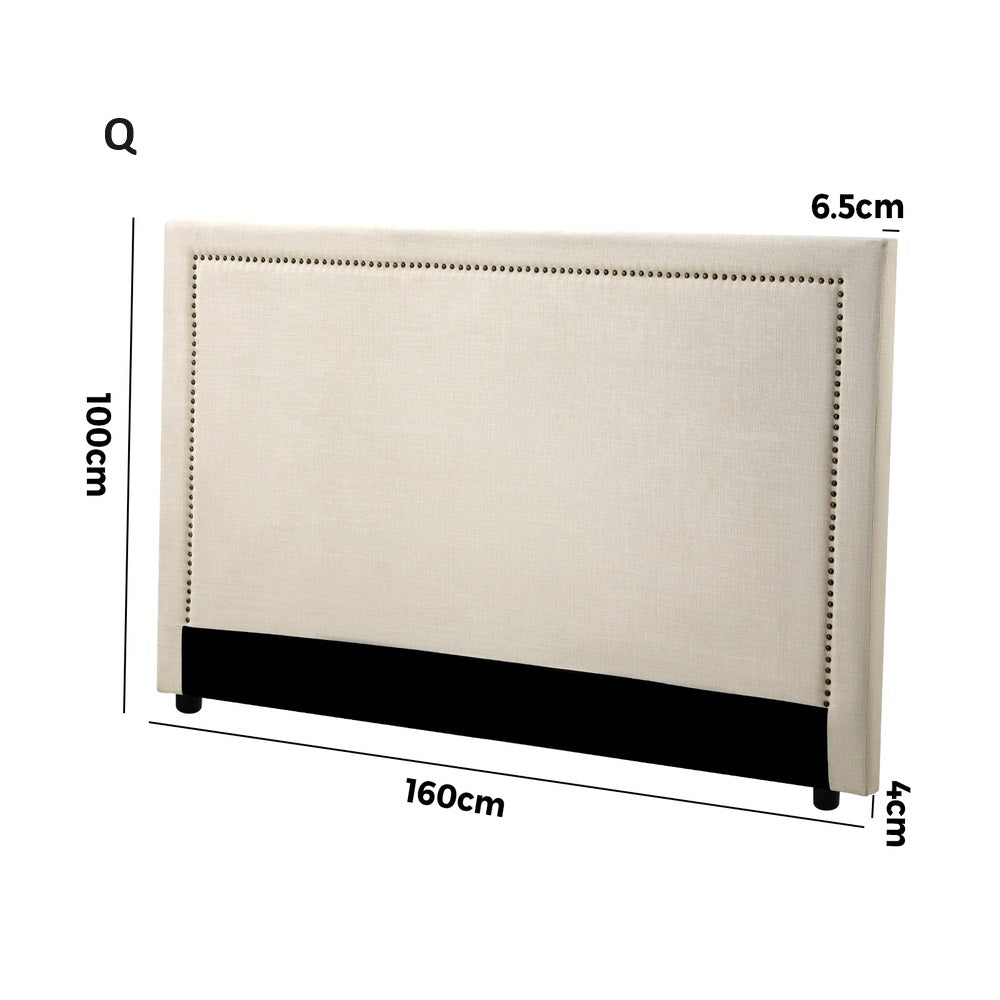 Scandi Luxore Linen Fabric Stud Trim Headboard | Padded Modern Beige Upholstered Bed Head