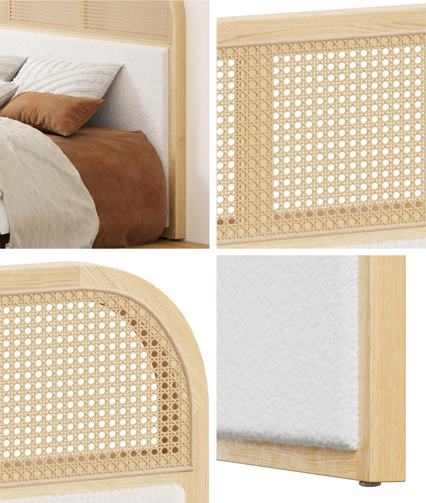 Leana Boucle Rattan Headboard | Coastal Look Wooden Queen Size Boucle Bed Head