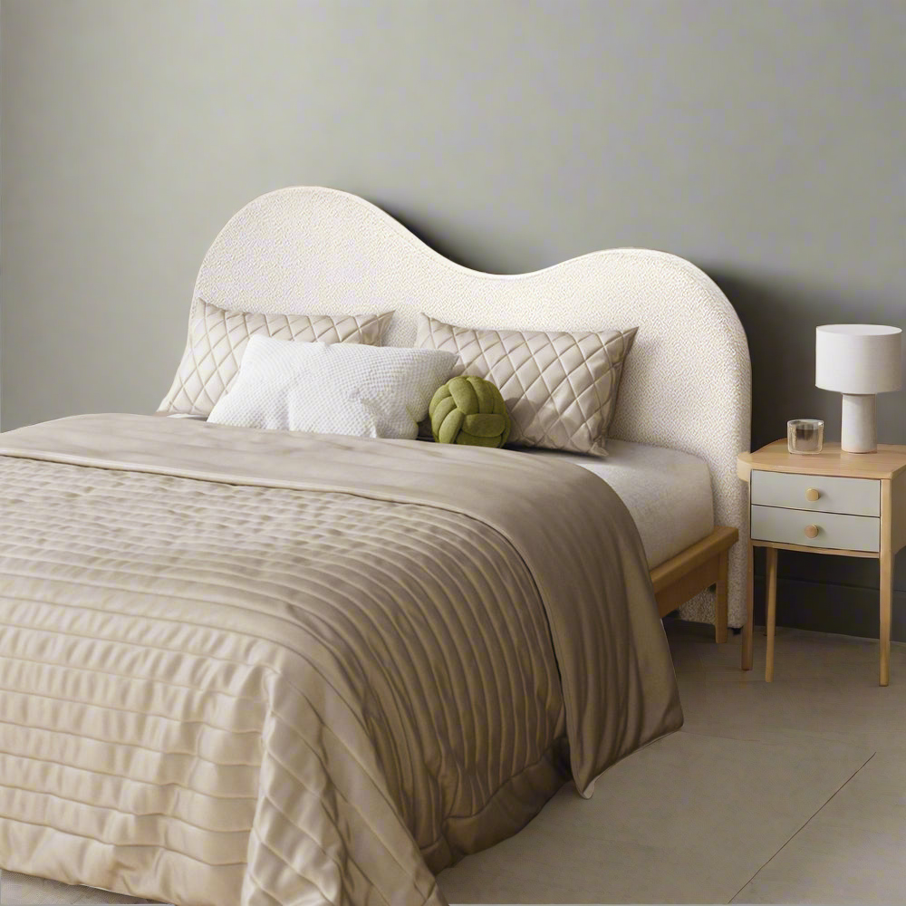 Teddy Plush Heart Boucle Fabric White Headboard | Cloud Shape Cushioned Upholstered Boucle Bed Head