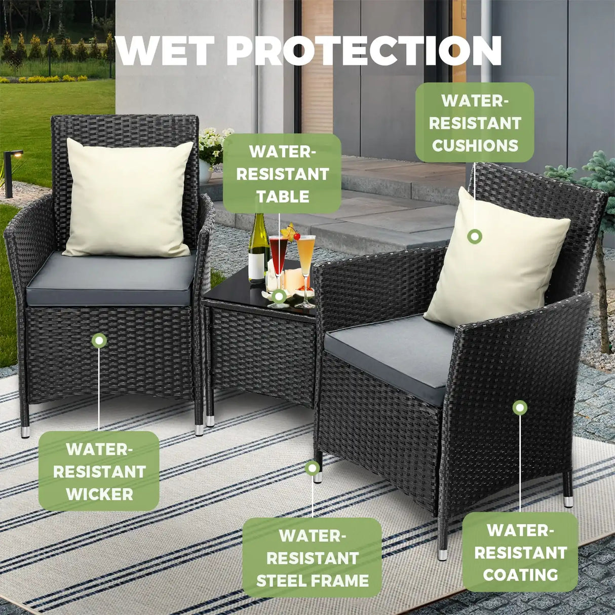 Luxury 3pc Wicker Outdoor Furniture Lounge Set | 3 Piece Rattan Sofa Chair Table Patio Set