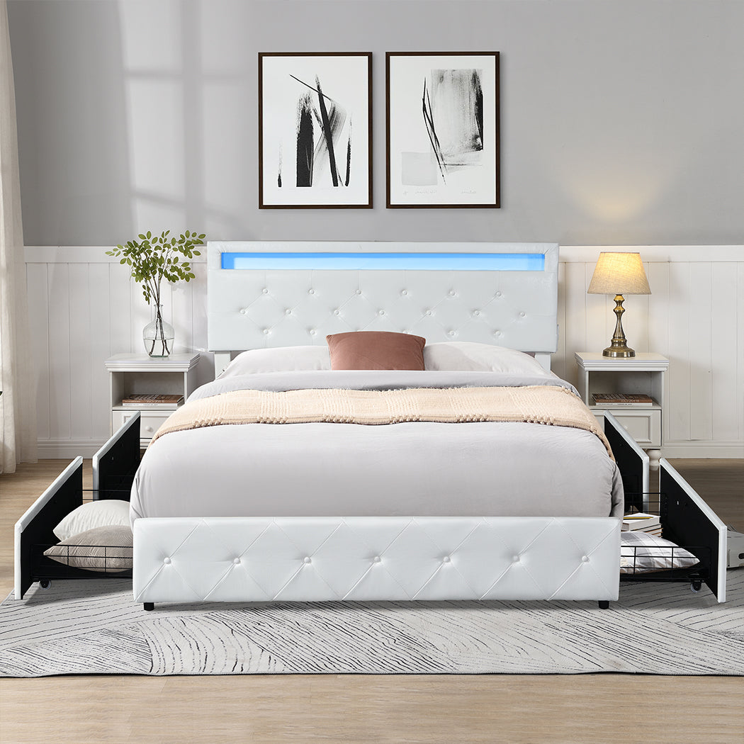 Duomo Blanco LED PU Leather Storage Bed with USB and 4 Draws | Multi Functional Storage LED Lights Bed Frame