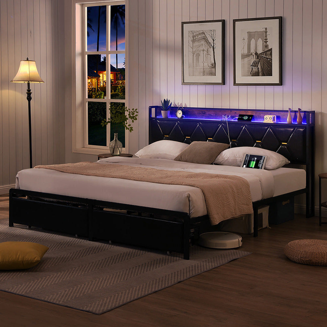 Capri LED Black PU Leather Storage Bed with USB | Multi Functional Storage LED Lights Bed Frame