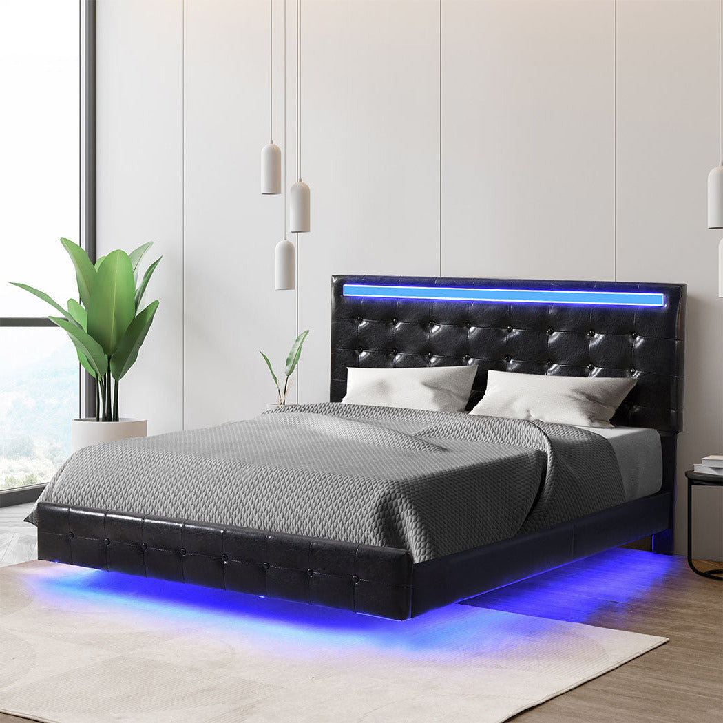 Riomi LED BlackPU Leather Floating Bed | Tufted Design Modern LED Lights Bed Frame
