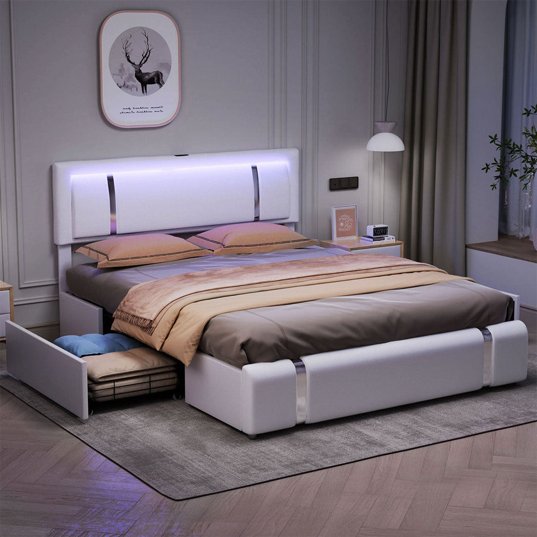 Aria Luxury LED PU Leather 2 Draw Storage Bed with USB | Adjustable Headboard Soft Padded Bed Frame