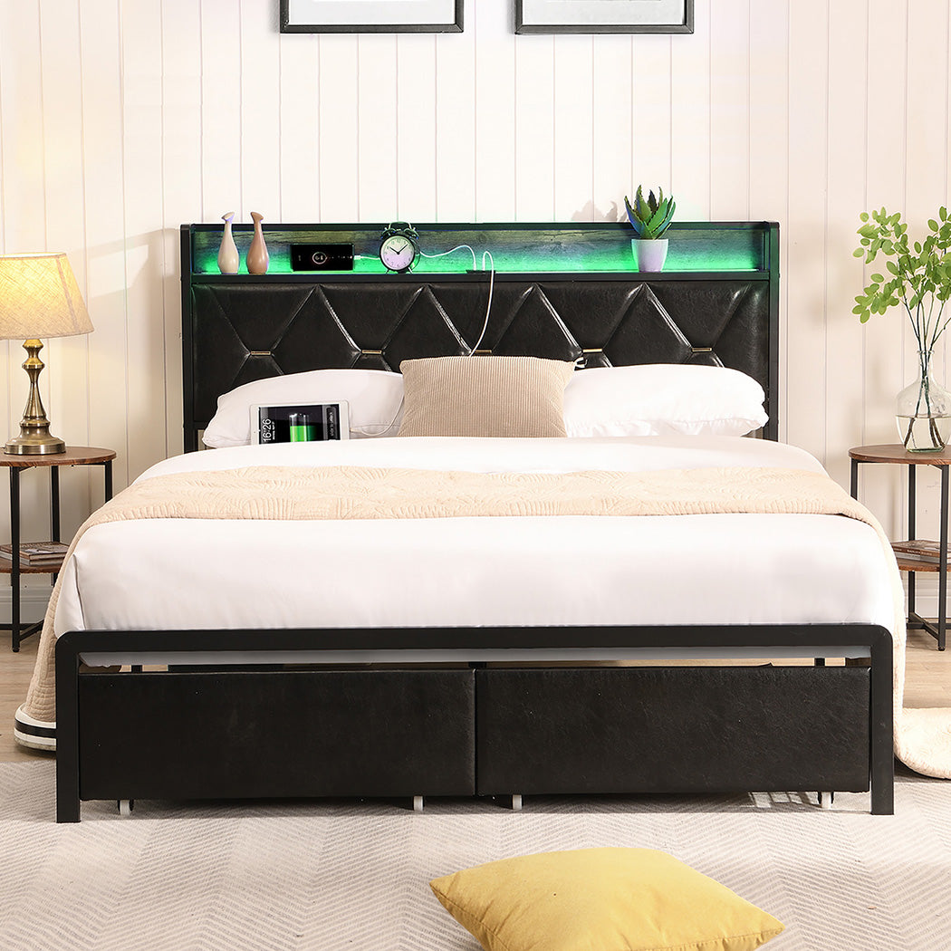 Capri LED Black PU Leather Storage Bed with USB | Multi Functional Storage LED Lights Bed Frame