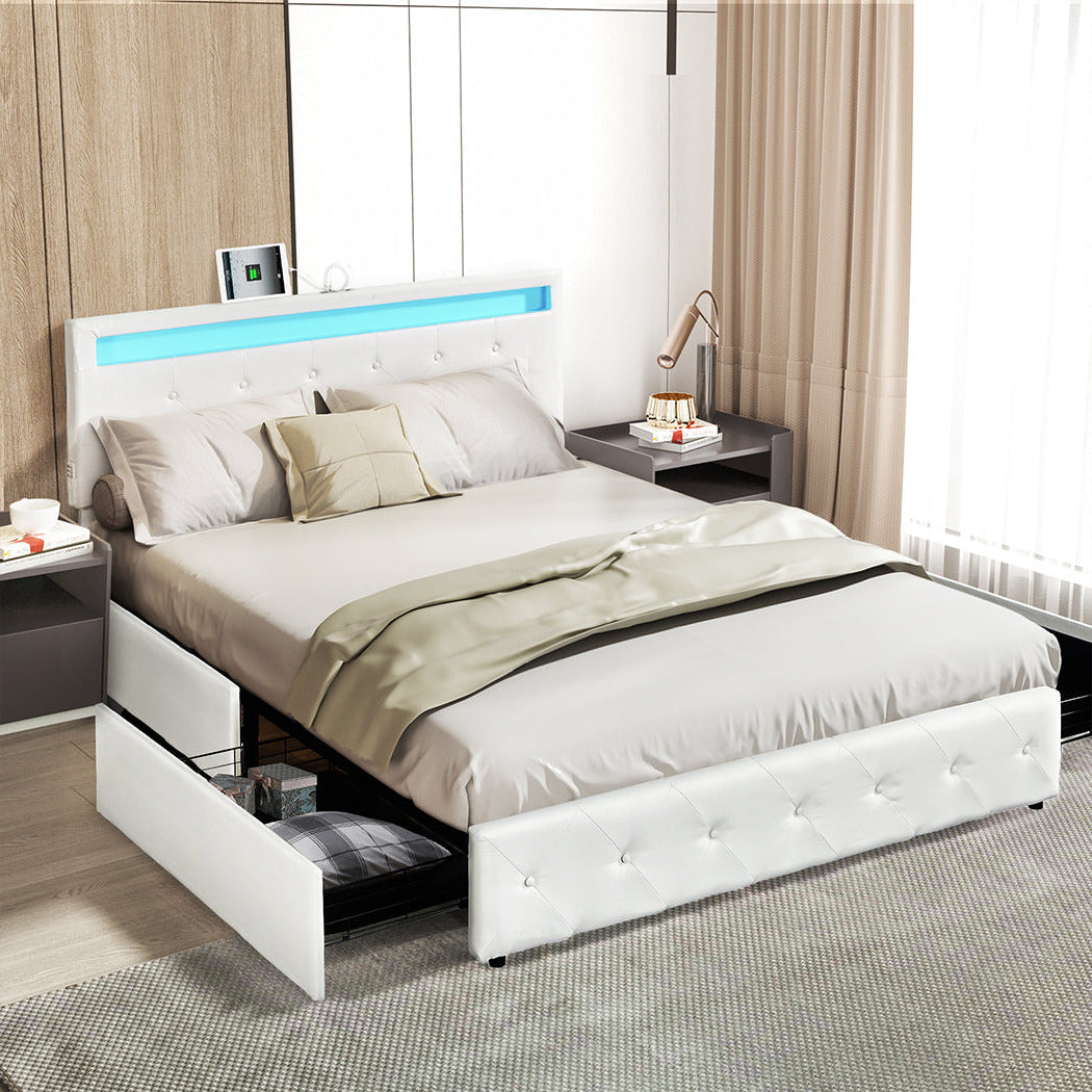 Duomo Blanco LED PU Leather Storage Bed with USB and 4 Draws | Multi Functional Storage LED Lights Bed Frame