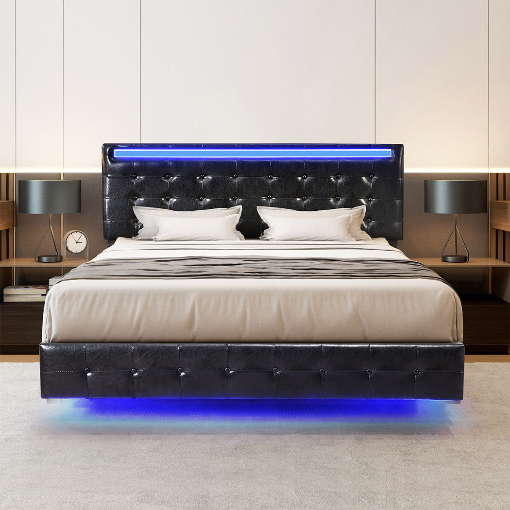 Riomi LED BlackPU Leather Floating Bed | Tufted Design Modern LED Lights Bed Frame