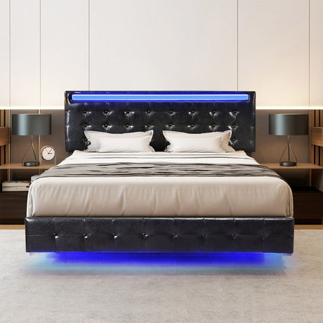 Riomi LED BlackPU Leather Floating Bed | Tufted Design Modern LED Lights Bed Frame