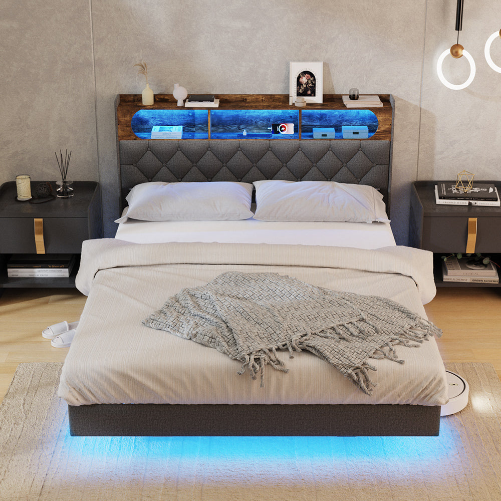 Brighton Modern LED Lights Bed w USB Charging | Soft Fabric LED Floating Bed Frame