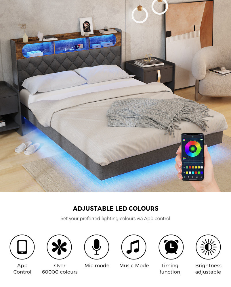 Brighton Modern LED Lights Bed w USB Charging | Soft Fabric LED Floating Bed Frame