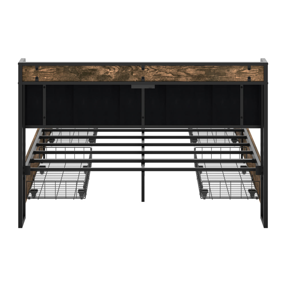 Toorak Wood Metal Storage Bed with AC USB Charging | Strong Frame Rustic Style Bed w 4 Storage Draws