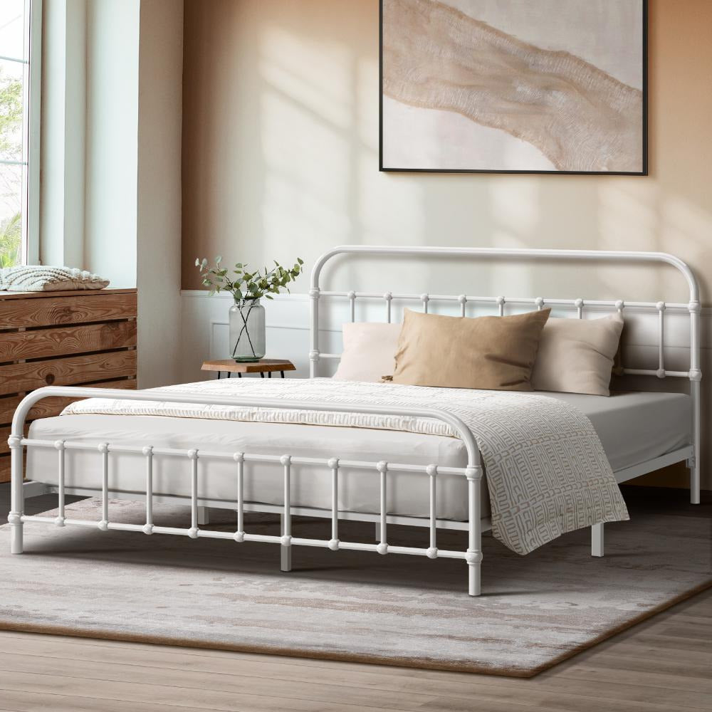 Alcantra Modern Full Metal Extra Strong Bed Frame | Sturdy Metal Designer Vintage Bed in White