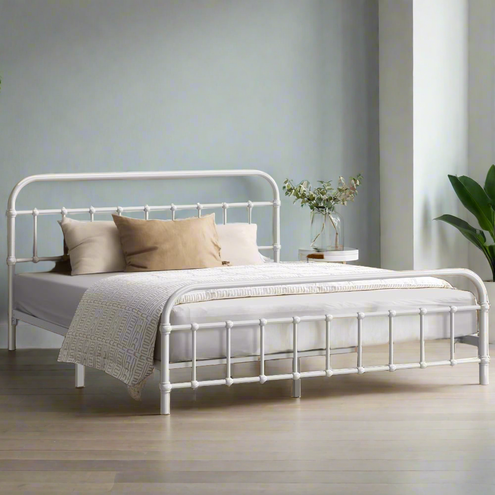 Alcantra Modern Full Metal Extra Strong Bed Frame | Sturdy Metal Designer Vintage Bed in White