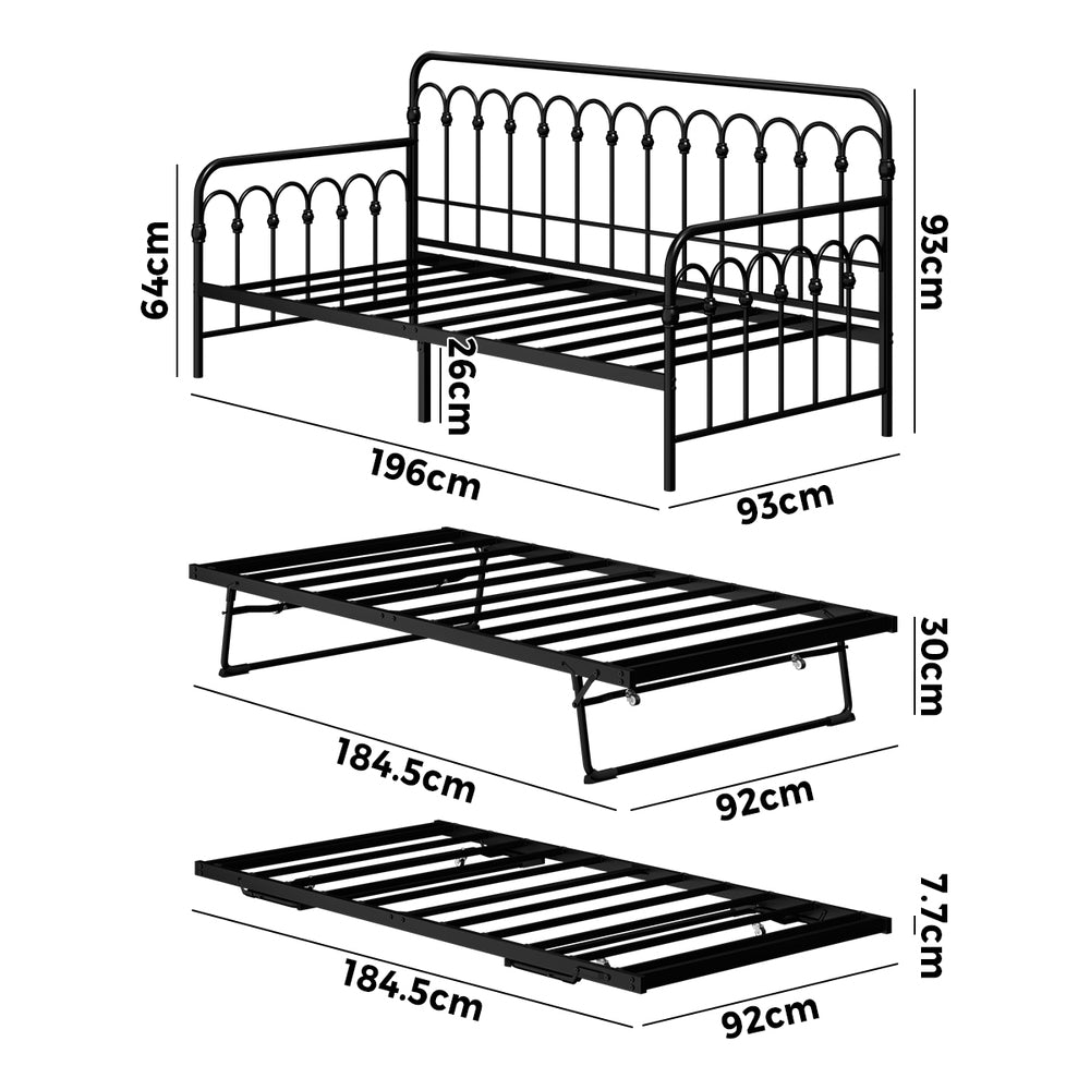 Reggio Pulo Metal Kids Bed Frame| Kids Two in One Daybed Single Size and Optional Single Rollout Trundle