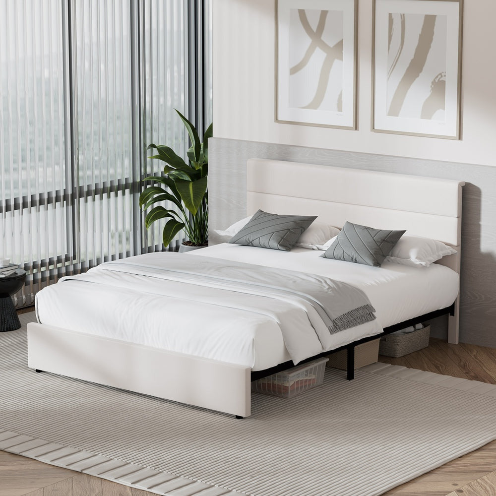 Kensington Padded Fabric Beige Bed | Cushioned Upholstered Luxe Fabric Bed Frame