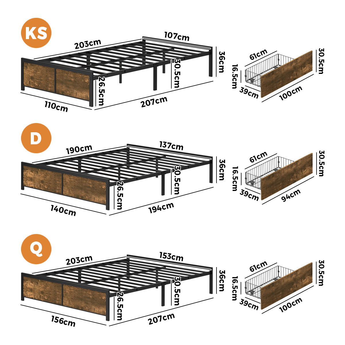 Fortus Industrial Style Metal Frame Platform Bed Base | Storage Draws Bed Base No Headboard