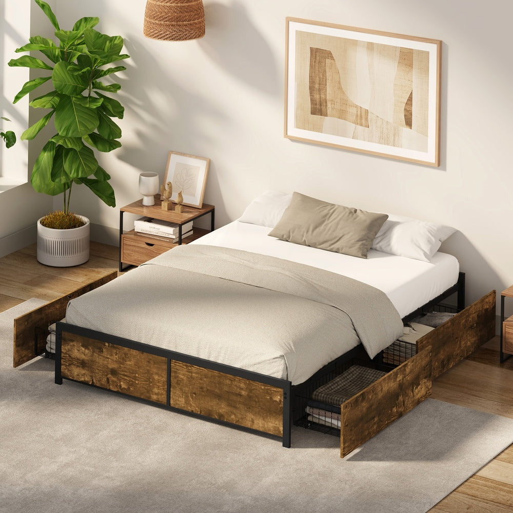 Fortus Industrial Style Metal Frame Platform Bed Base | Storage Draws Bed Base No Headboard