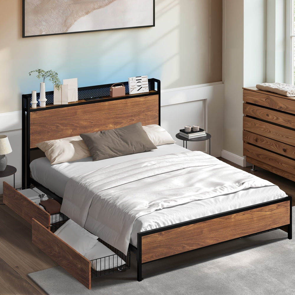 Duomo Wood Metal LED Lights Storage Bed | Multi Functional Storage LED and USB Charging Bed Frame