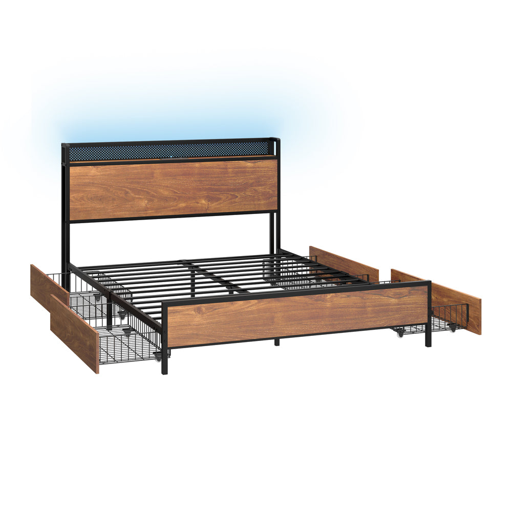 Duomo Wood Metal LED Lights Storage Bed | Multi Functional Storage LED and USB Charging Bed Frame