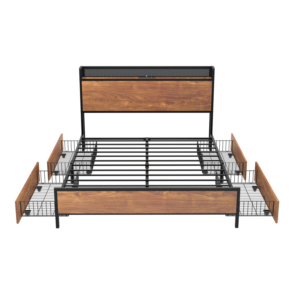 Duomo Wood Metal LED Lights Storage Bed | Multi Functional Storage LED and USB Charging Bed Frame