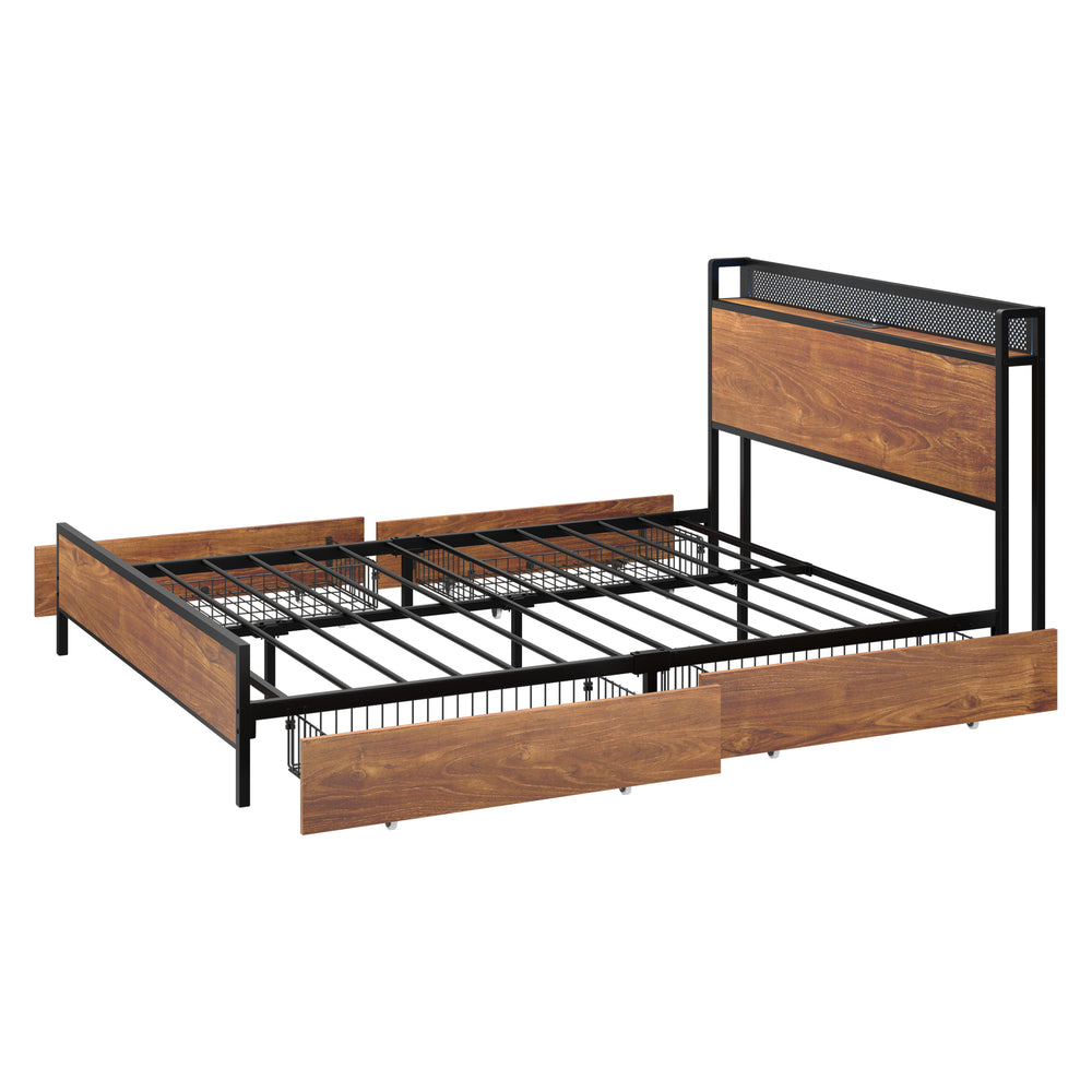 Duomo Wood Metal LED Lights Storage Bed | Multi Functional Storage LED and USB Charging Bed Frame