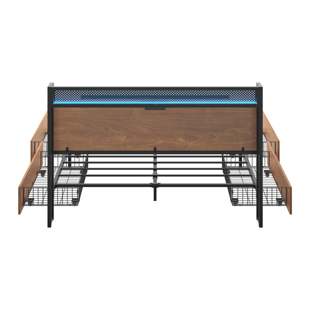 Duomo Wood Metal LED Lights Storage Bed | Multi Functional Storage LED and USB Charging Bed Frame