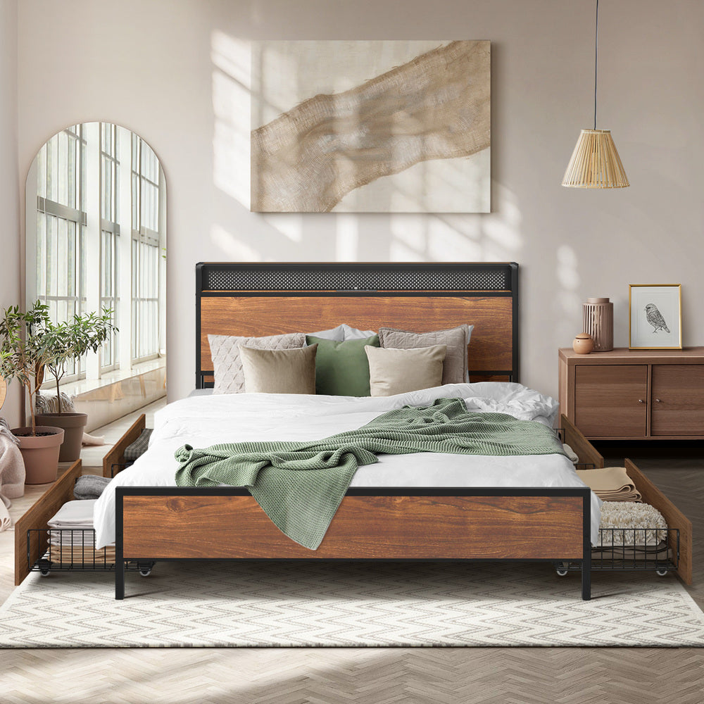 Duomo Wood Metal LED Lights Storage Bed | Multi Functional Storage LED and USB Charging Bed Frame