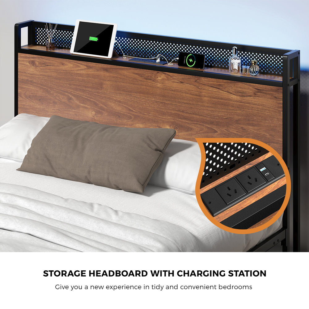 Duomo Wood Metal LED Lights Storage Bed | Multi Functional Storage LED and USB Charging Bed Frame