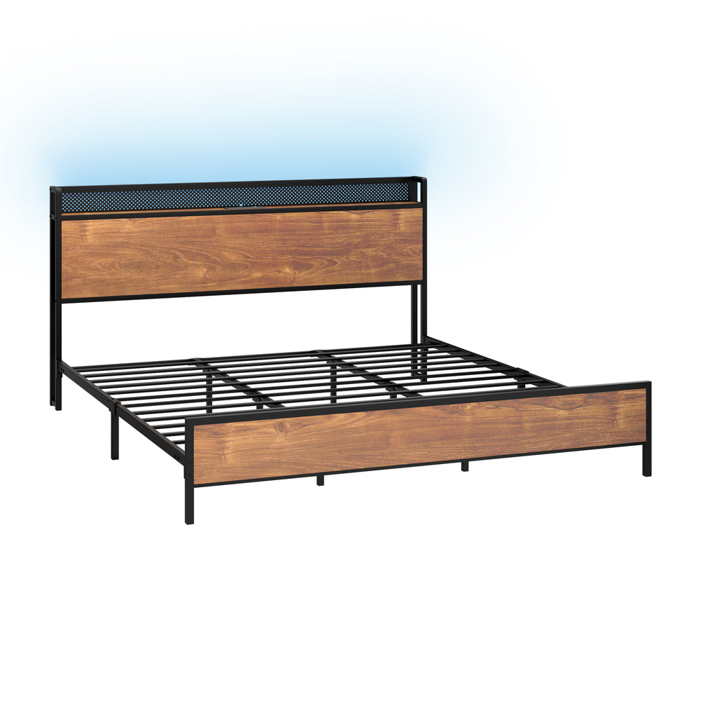 Duomo Wood Metal LED Lights Storage Bed | Multi Functional Storage LED and USB Charging Bed Frame