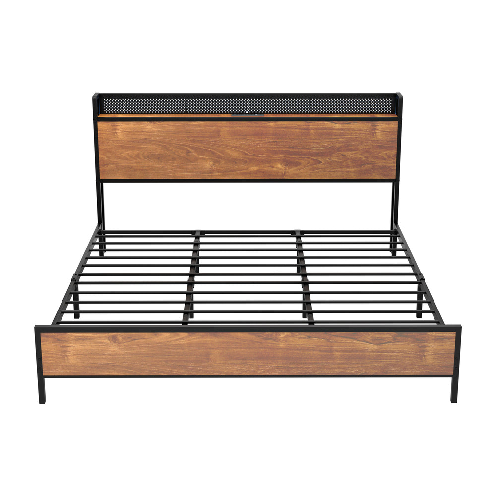 Duomo Wood Metal LED Lights Storage Bed | Multi Functional Storage LED and USB Charging Bed Frame