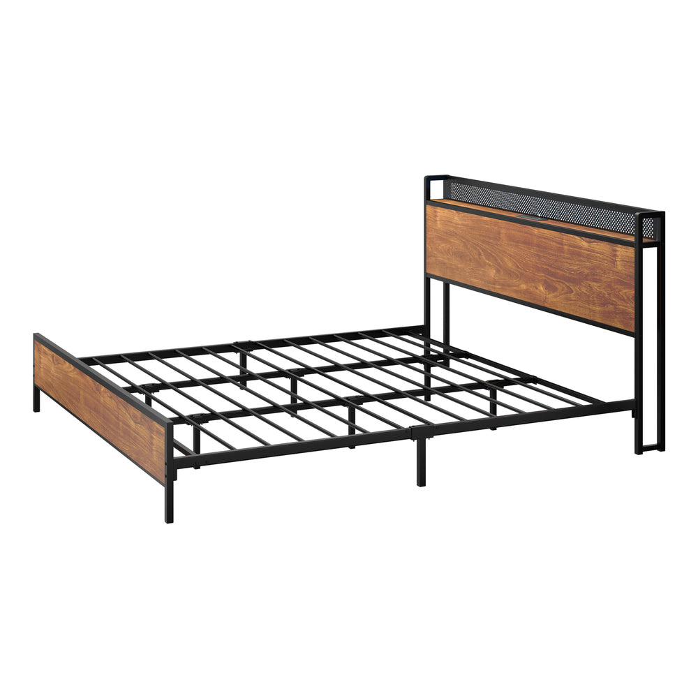 Duomo Wood Metal LED Lights Storage Bed | Multi Functional Storage LED and USB Charging Bed Frame