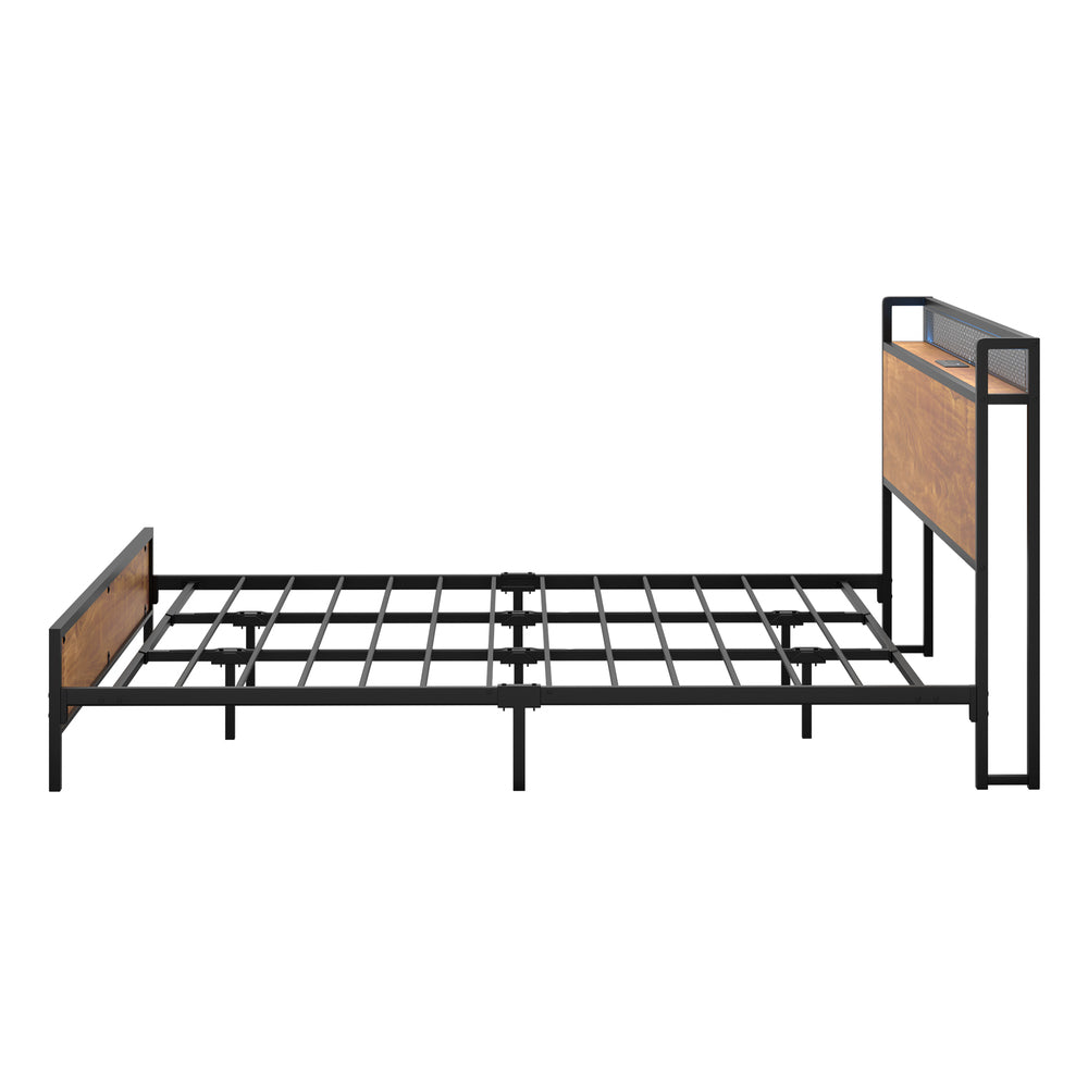 Duomo Wood Metal LED Lights Storage Bed | Multi Functional Storage LED and USB Charging Bed Frame