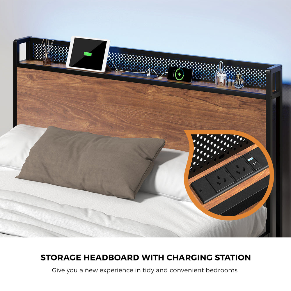 Duomo Wood Metal LED Lights Storage Bed | Multi Functional Storage LED and USB Charging Bed Frame