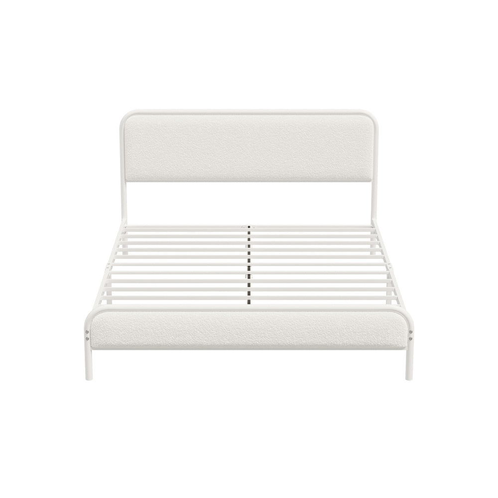 Aliana Beige Boucle Fabric Metal Bed | Durable Modern Minimalist Metal Bed Frame