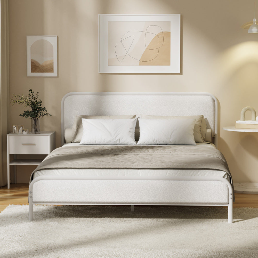 Aliana Beige Boucle Fabric Metal Bed | Durable Modern Minimalist Metal Bed Frame