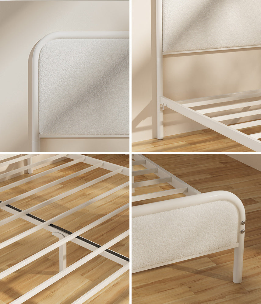 Aliana Beige Boucle Fabric Metal Bed | Durable Modern Minimalist Metal Bed Frame