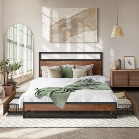 Pazzi Wood Metal LED Lights Storage Bed | Multi Functional Storage LED and USB Charging Bed Frame