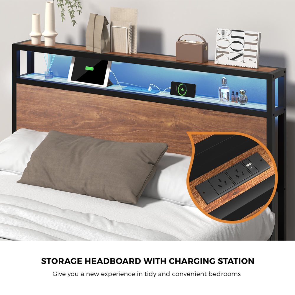 Pazzi Wood Metal LED Lights Storage Bed | Multi Functional Storage LED and USB Charging Bed Frame