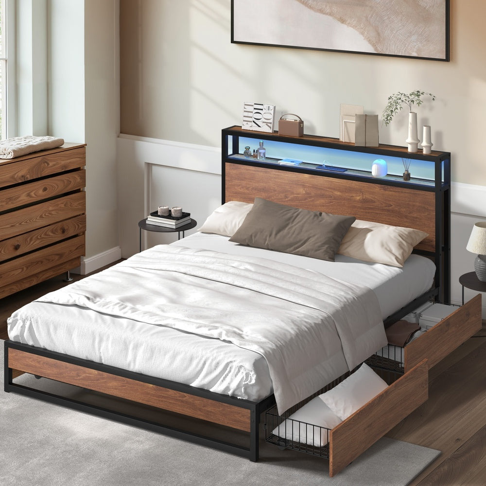 Pazzi Wood Metal LED Lights Storage Bed | Multi Functional Storage LED and USB Charging Bed Frame