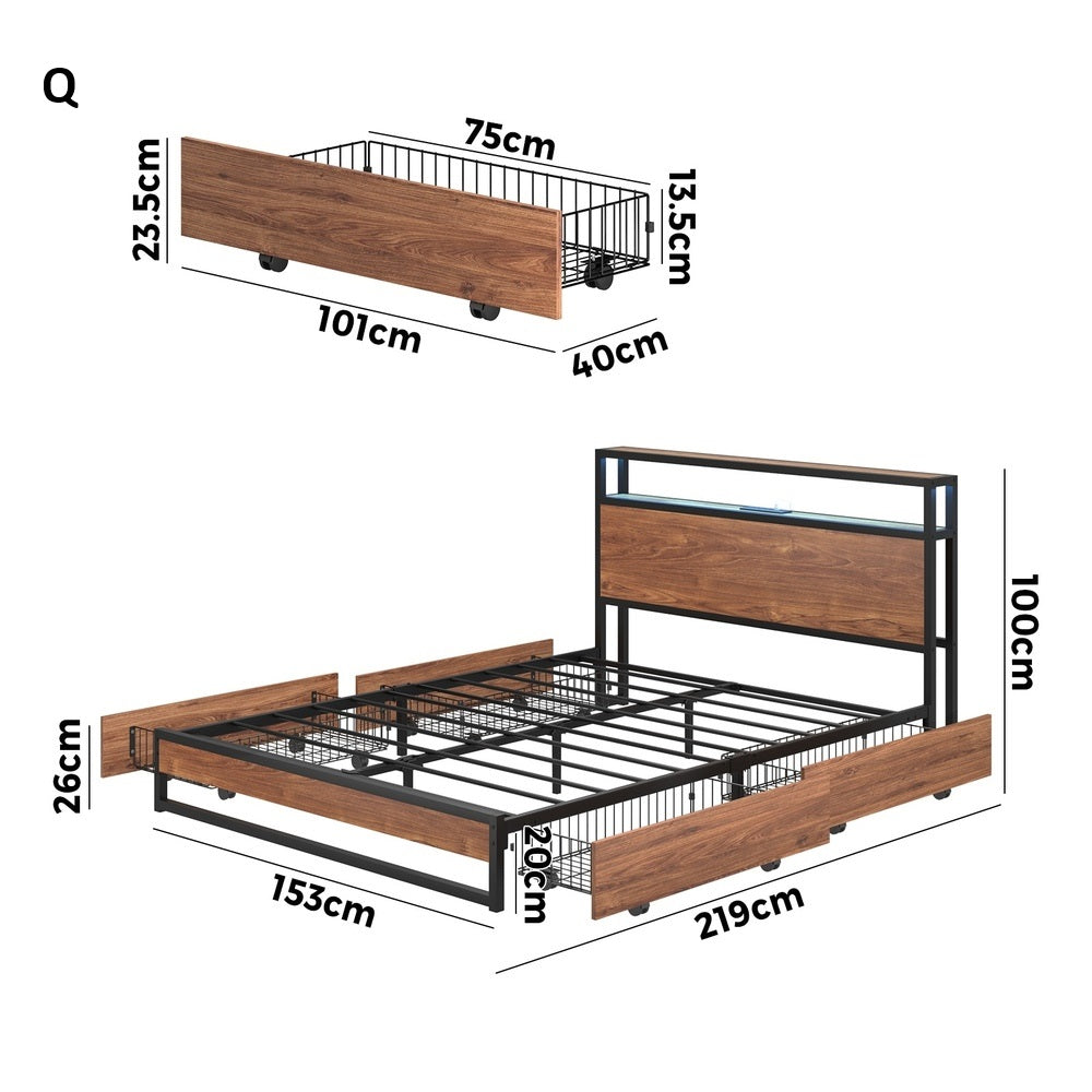 Pazzi Wood Metal LED Lights Storage Bed | Multi Functional Storage LED and USB Charging Bed Frame
