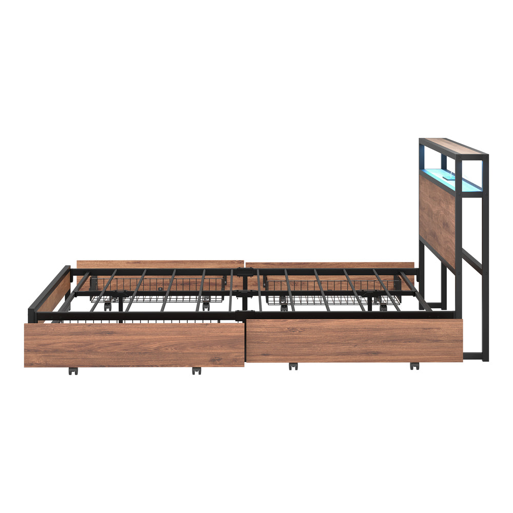 Pazzi Wood Metal LED Lights Storage Bed | Multi Functional Storage LED and USB Charging Bed Frame