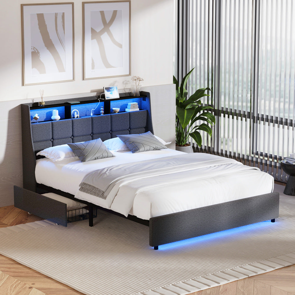 Amaro LED Storage Bed with USB Charging | Grey Fabric Headboard Storage LED Lights Bed Frame