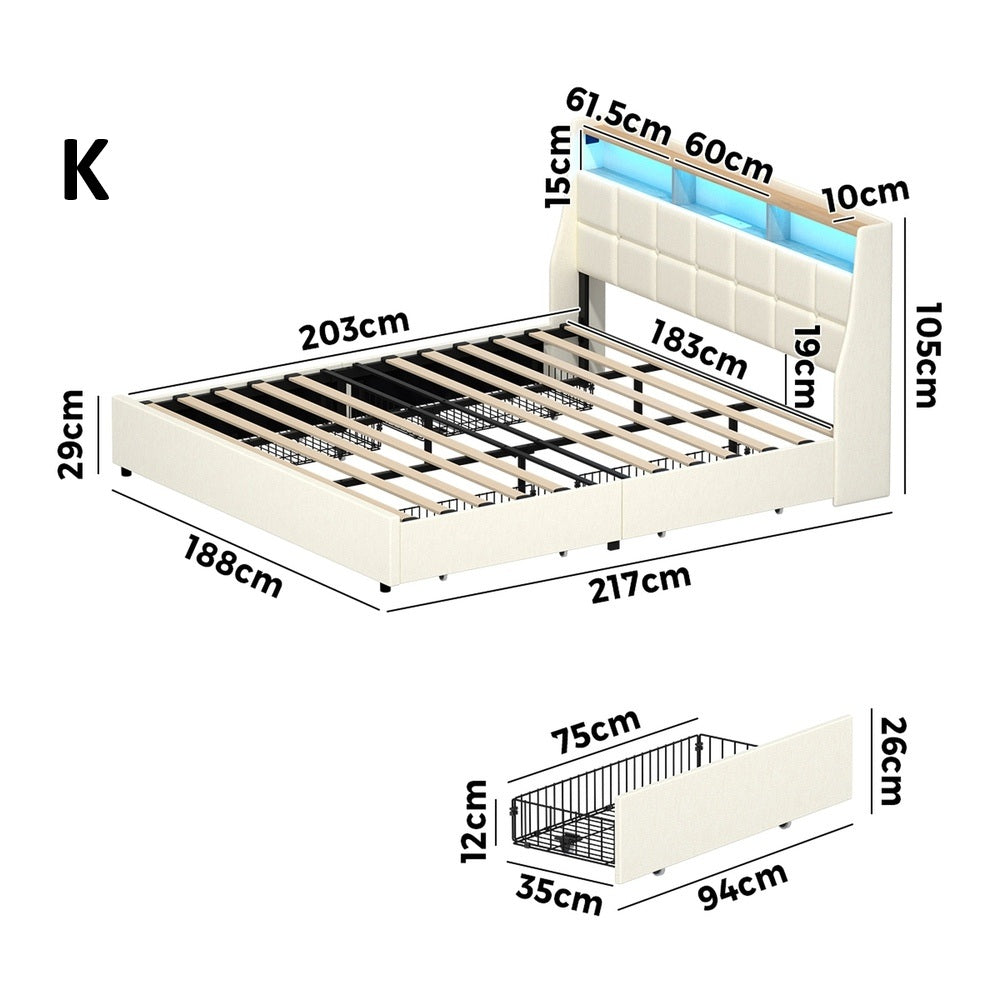 Amaro Beige LED Storage Bed with USB Charging | Fabric Headboard Storage LED Lights Bed Frame